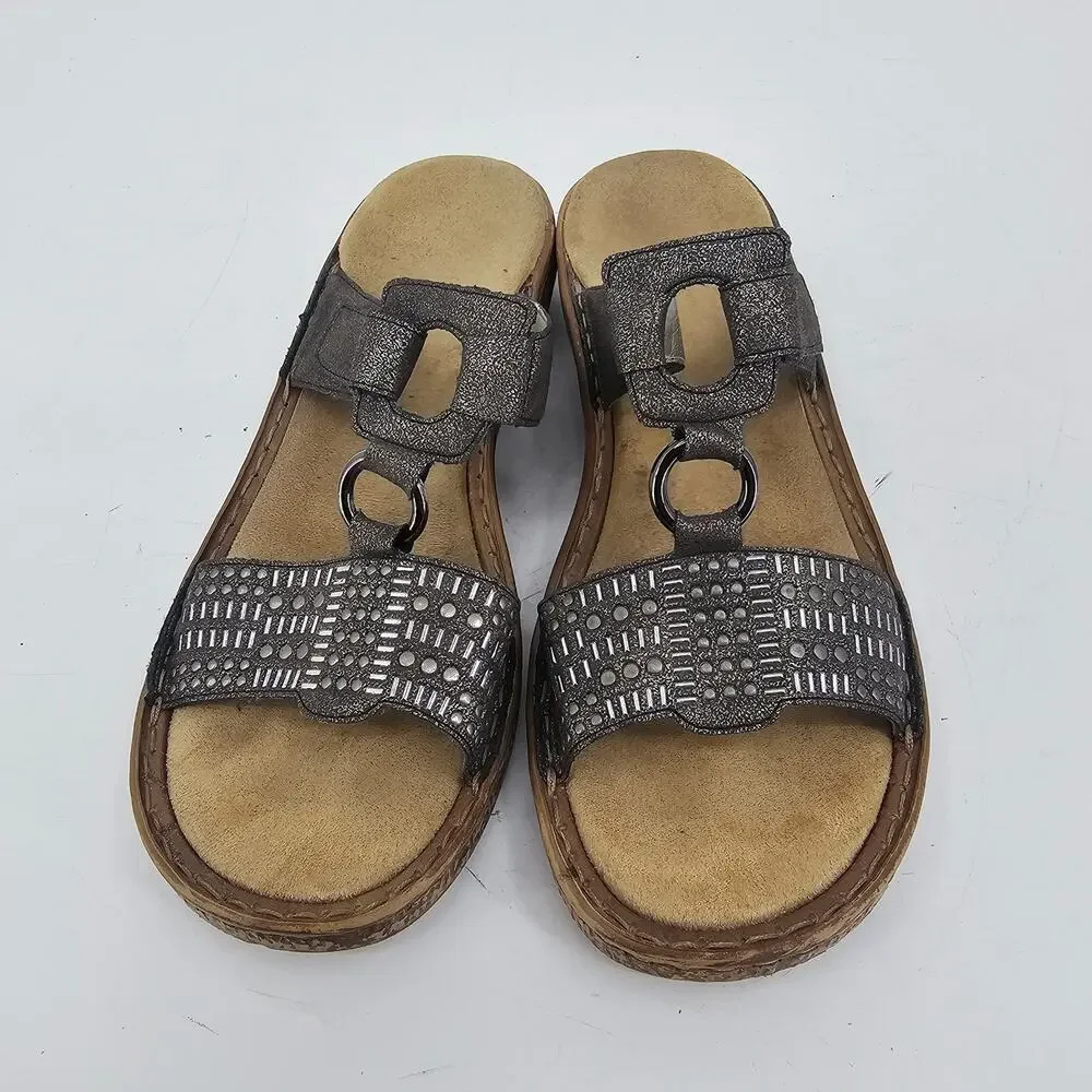 Rieker Regina Metallic Gray Leather Slide Sandal 62854-45 Women's EU 40 US 9.5